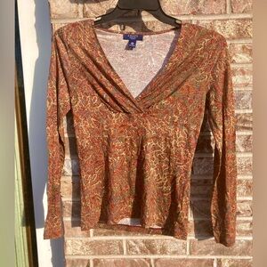 Brown/Gold Earthy Tone Paisley Chaps Long Sleeve Boho Blouse